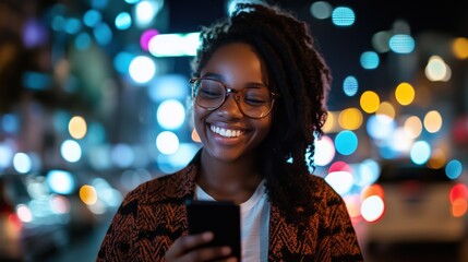 Young Woman Smiling While Using Smartphone in Vibrant Urban Setting at Night