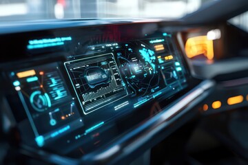 Fototapeta premium Holographic display of an electric vehicle dashboard underscores futuristic transportation.