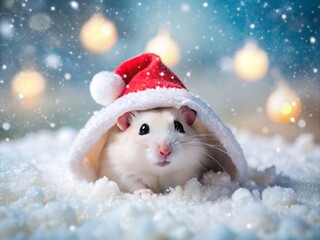 Fototapeta premium Adorable White Hamster in a Christmas Hat Playfully Burrowing in Soft Snow, Captured in Long Exposure to Emphasize the Winter Spirit and Holiday Cheer