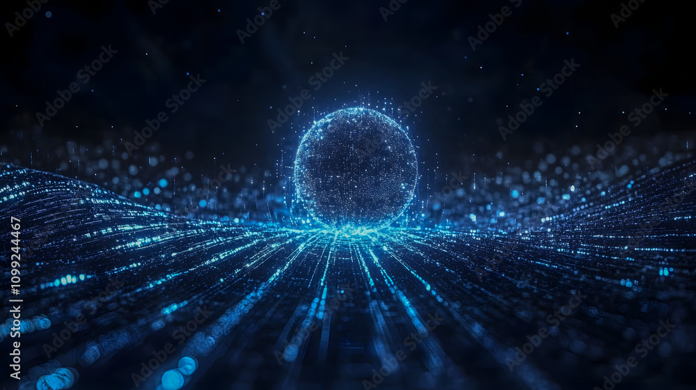 Poster abstract digital landscape with glowing blue orb and flowing particles creating a futuristic atmosph