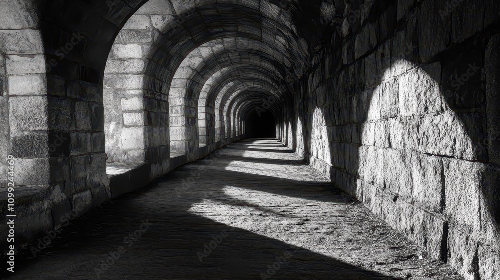 Poster a monochrome tunnel with arched stone walls and shadows creating a mysterious atmosphere.