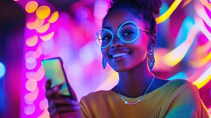Stylish African American Woman Smiling While Using Mobile Phone in Vibrant Neon Light Setting with Large Glasses