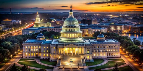 Fototapeta premium Aerial Night View of the Illuminated United States Capitol Building in Washington DC with Spotlight Shining on the Iconic Dome and Surrounding Landscape