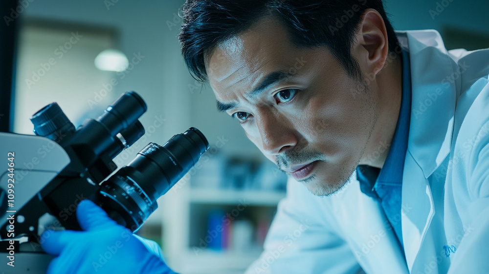 Aufkleber researcher examines samples under microscope in laboratory setting with focused expression
