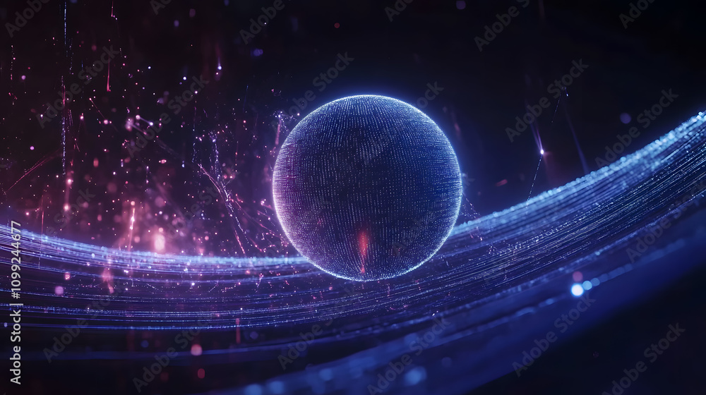 Poster abstract 3d sphere surrounded by glowing particles and dynamic light waves, perfect for technology a