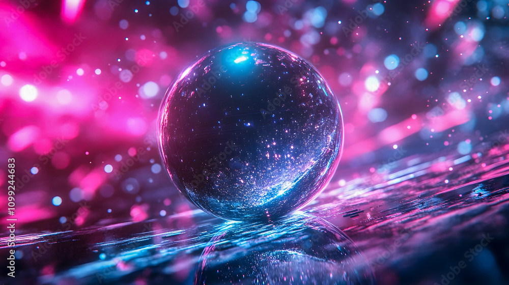 Poster glowing colorful orb with vibrant reflections and cosmic stars in a digital abstract space environme