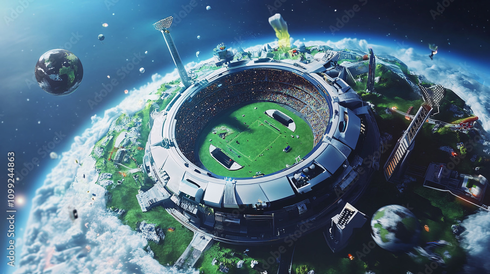 Poster a futuristic vision of a zero-gravity stadium floating in space.