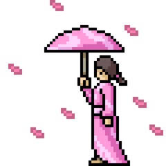 Fototapeta premium pixel art of japanese girl pink umbrella