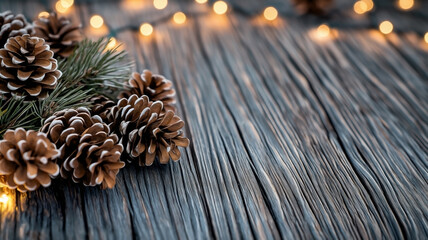 A cozy empty advertising template frame for Christmas, surrounded by pine cones and twinkling fairy lights.wooden texture, adding a rustic feel. 