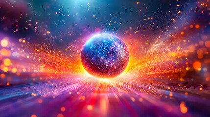 Stunning cosmic scene showcasing a vibrant glowing planet surrounded by colorful light bursts and sparkling stars in a galaxy of wonder and imagination