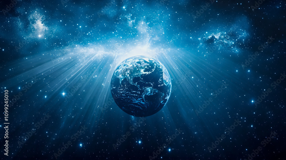 Poster stunning view of earth from space surrounded by a star-filled universe with glowing light beams and 