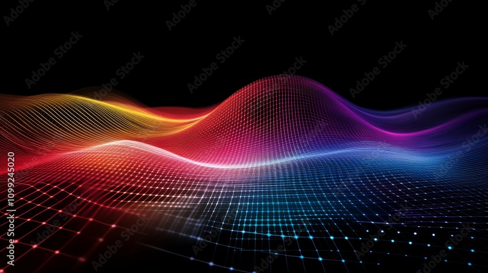 Poster vibrant wave patterns with colorful lights on a dark background