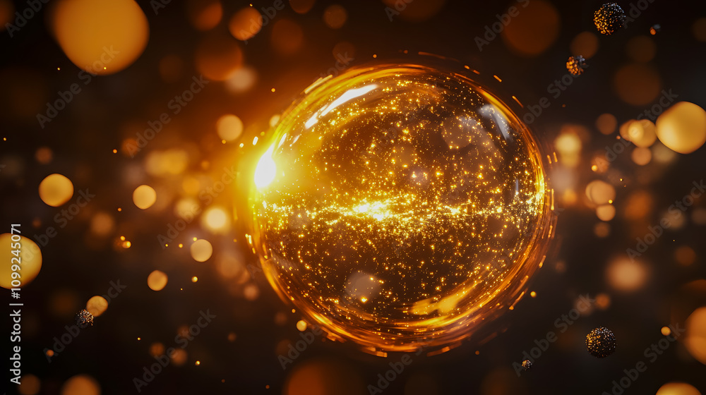 Poster vibrant glowing bubble with sparkling golden particles on dark background creating a magical atmosph
