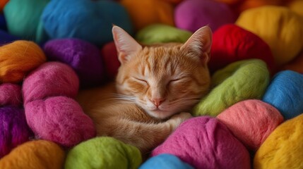 Cat Sleeping on Colorful Cushions