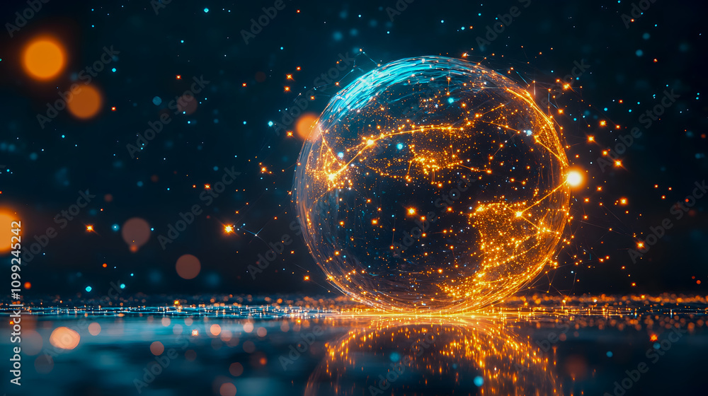 Poster glowing digital globe with bright connections and sparkling lights over dark background, representin