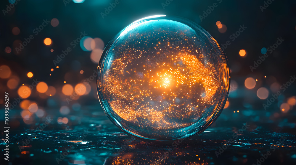 Poster glowing orb in space with vibrant colors and sparkling particles captures the essence of cosmic myst