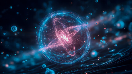 Obraz premium Vibrant Atomic Nucleus Surrounded by Particles and Energy Waves in Futuristic Digital Environment