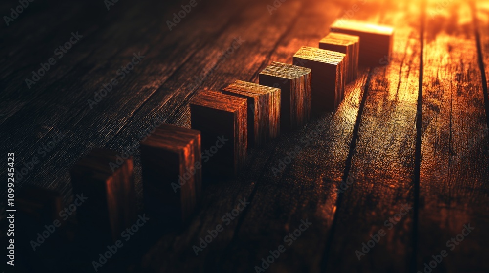 Poster wooden blocks arranged in line with warm lighting on dark surface