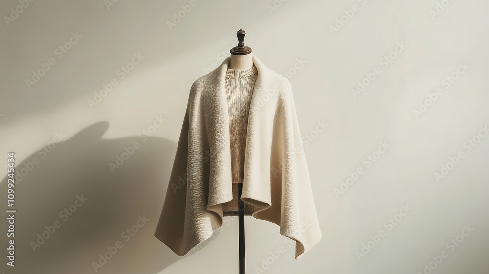 Poster elegant light beige shawl draped over a mannequin featuring soft textures and subtle shadows in a mi