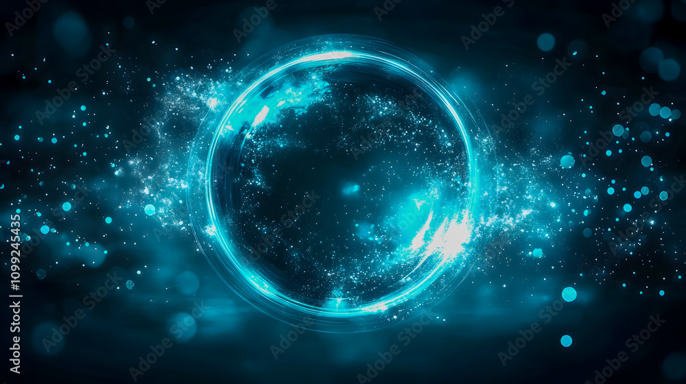 Poster abstract glowing blue circle on dark background with sparkling particles and light effects, creating