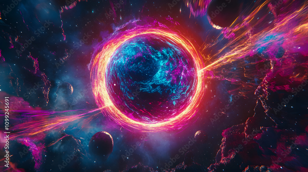 Poster vivid abstract representation of a cosmic portal with bright energy and colorful planets surrounded 
