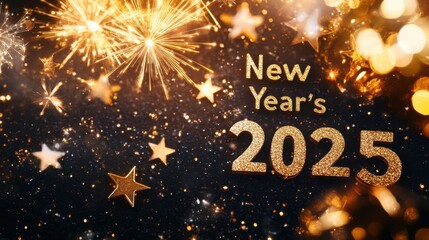 Elegant "New Year's 2025" with shimmering gold fireworks and a night sky full of stars.
