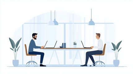 Obraz premium A bright, minimalist office space features two individuals seated at a long desk, each focused on their laptop