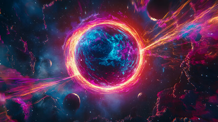 Vivid Abstract Representation of a Cosmic Portal with Bright Energy and Colorful Planets Surrounded by a Starry Universe in Deep Space