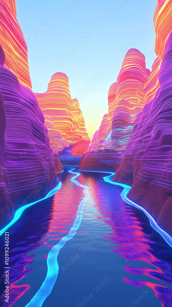 Aufkleber a glowing digital canyon with endless walls covered in animated patterns.