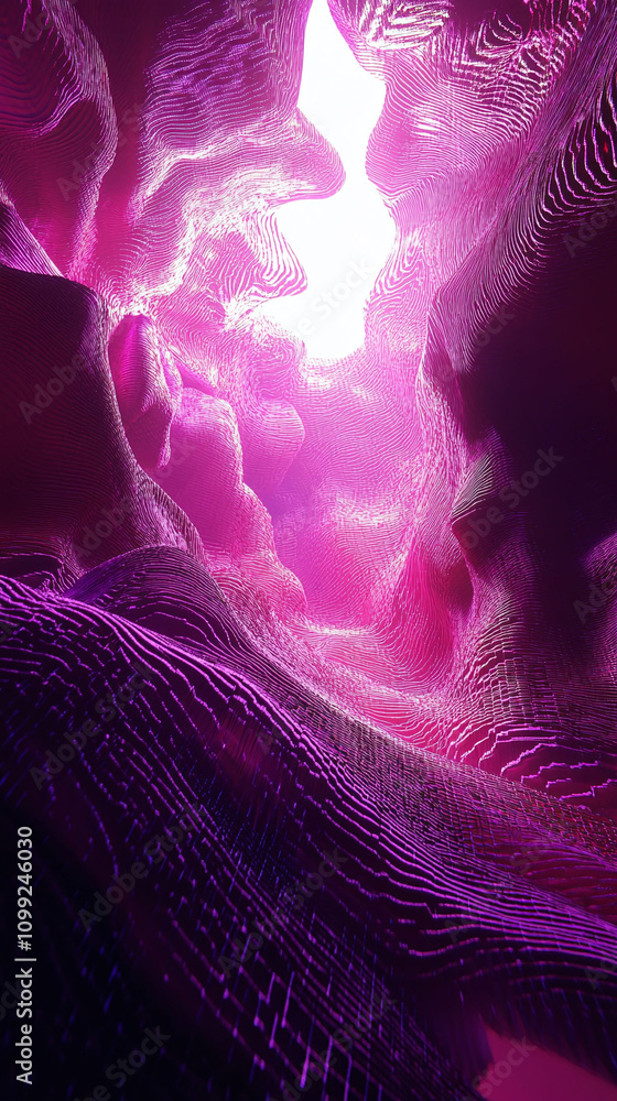 Poster a glowing digital canyon with endless walls covered in animated patterns.