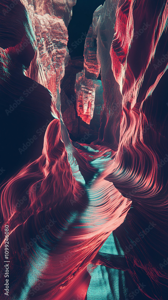 Poster a glowing digital canyon with endless walls covered in animated patterns.