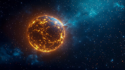 Obraz premium Brilliant Star in Cosmic Space with Glowing Surface and Surrounding Nebulae, Depicting the Vastness of the Universe in Striking Colors and Detail