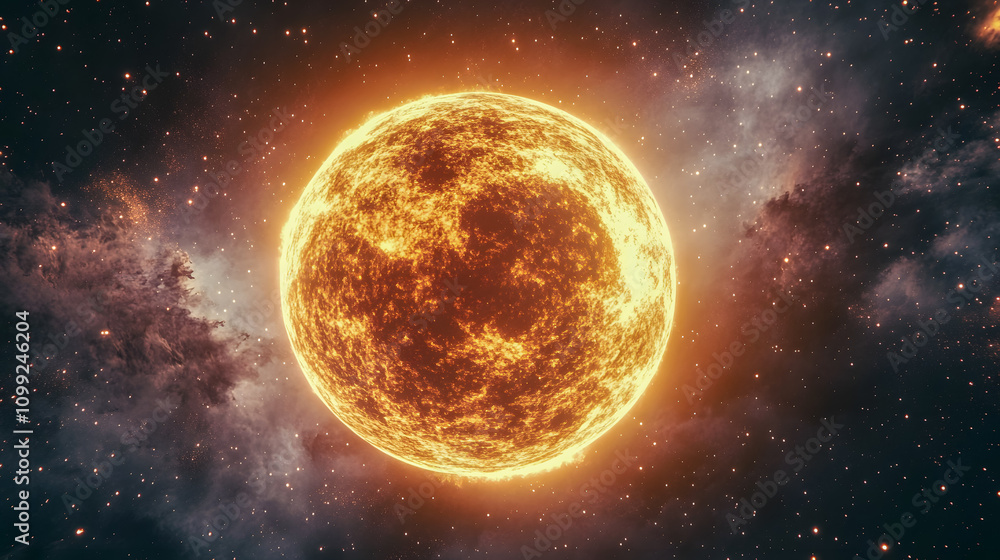 Poster stunning solar body in outer space with fiery surface, surrounding stars and cosmic background creat