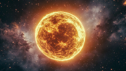 Fototapeta premium Stunning Solar Body in Outer Space with Fiery Surface, Surrounding Stars and Cosmic Background Creating a Beautiful Celestial Scene