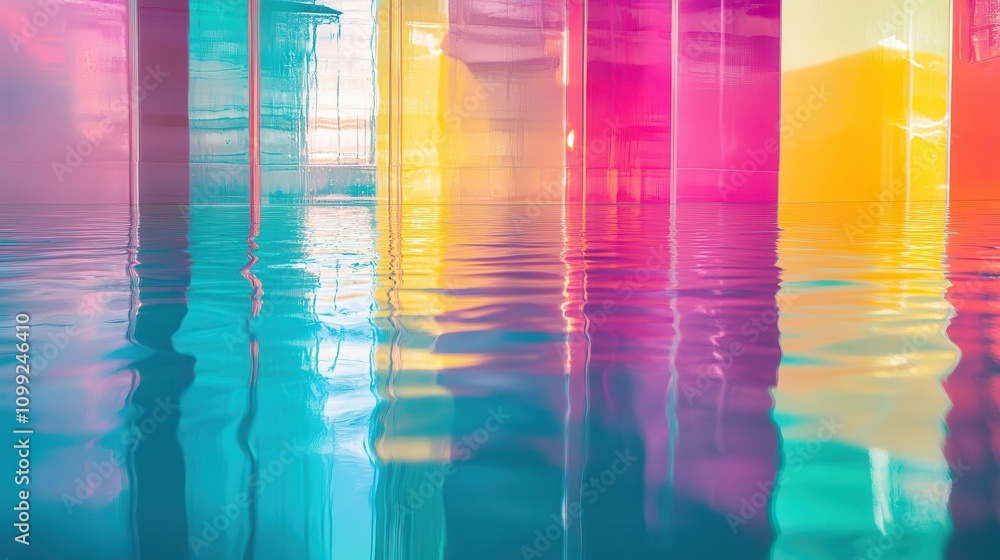 Poster a serene reflection of colorful translucent panels in water, creating a tranquil atmosphere.