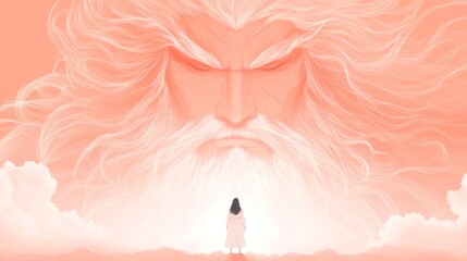 A woman gazes up at a colossal, serene figure, a powerful depiction of faith and reverence in soft, peachy hues.