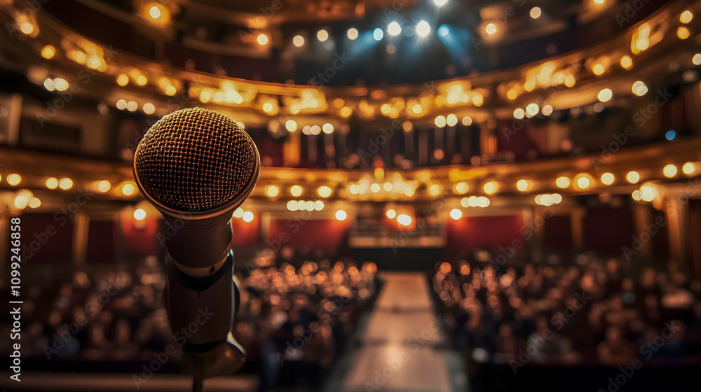 Poster close-up of microphone in focus with blurred audience in elegant theater setting under dim lights an