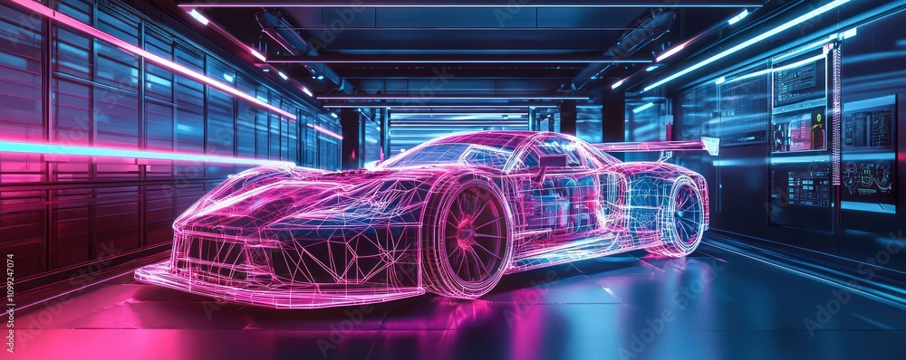 Poster neon wireframe of a race car showcased in a high-tech digital testing environment.