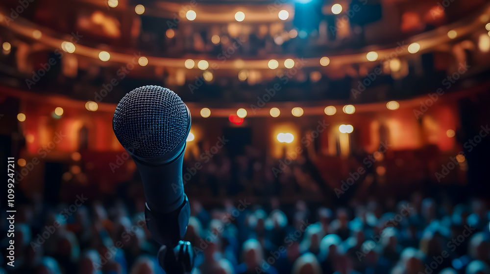Poster close-up view of a microphone on stage with a blurred audience in a vibrant theater setting during a