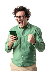 A man holing and shouting at his mobile phone isolated on a transparent background
