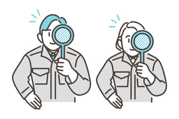 Male and female workers in work clothes examining something with a magnifying glass [Vector illustration]