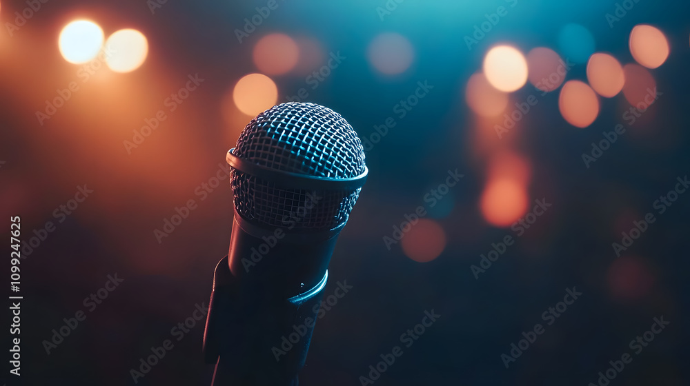 Poster close-up of a microphone against a blurred background of colorful lights creating a vibrant atmosphe