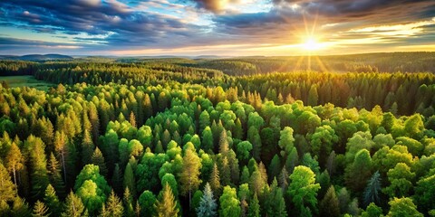 Fototapeta premium Aerial View of Lush Summer Green Trees in Forested Landscape of Rural Finland with Expansive Copy Space for Nature and Travel Themes