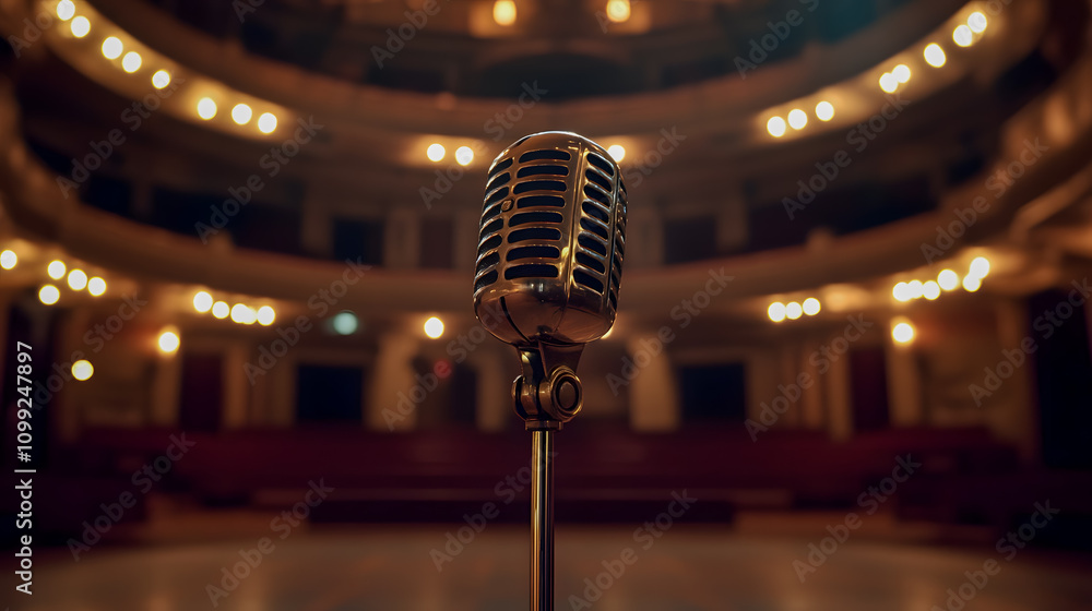 Poster vintage microphone in empty theater with soft lights creating a dramatic atmosphere