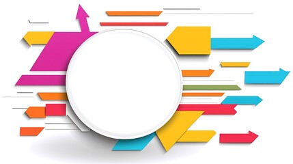  An infographic or mind map with a white background design and colorful arrows on the right side, a large circle in the foreground with blank space for text design, 