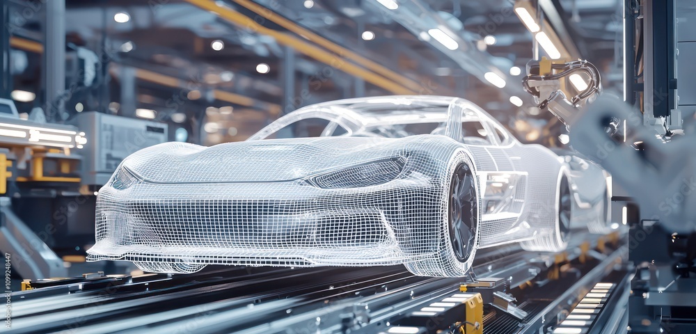 Poster robotic assembly line featuring a white wireframe car, symbolizing automotive technology and automat