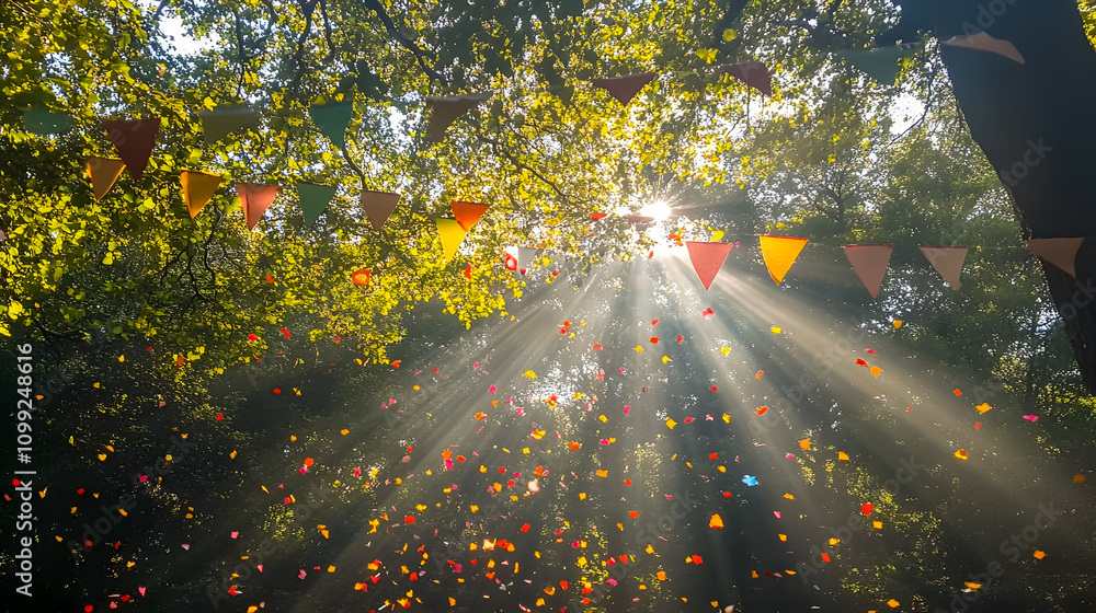 Poster sunlight streaming through green tree canopy with festive bunting and colorful leaves falling in a p