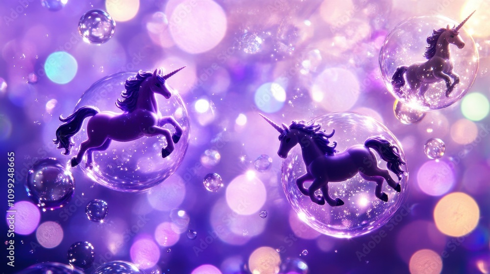 Aufkleber a lavender background with tiny unicorns floating in bubbles and surrounded by colorful sparkles