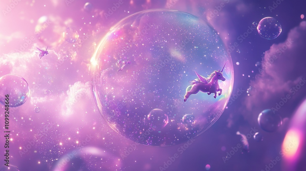 Poster a lavender background with tiny unicorns floating in bubbles and surrounded by colorful sparkles