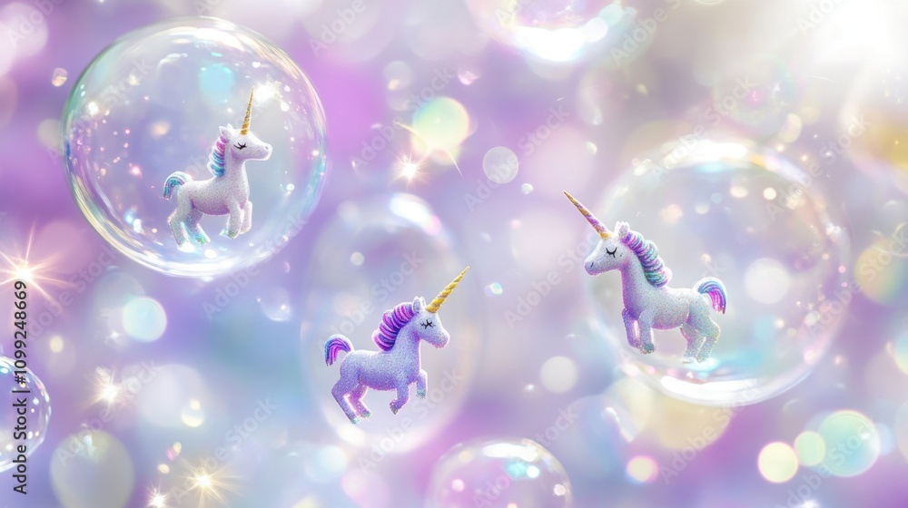 Aufkleber a lavender background with tiny unicorns floating in bubbles and surrounded by colorful sparkles